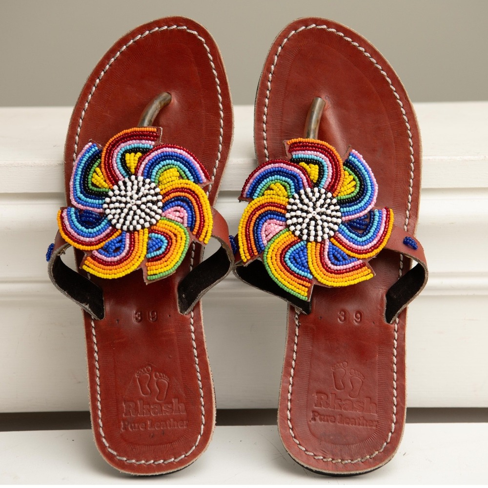 Rkash Leather Beaded Sandals Colorful Boho Tribal Art‎ Hippie Festival Artisanal